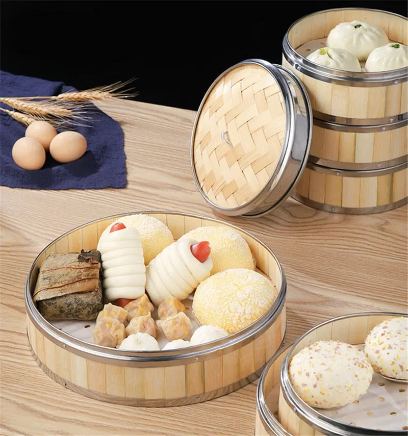Axya Bamboo Steamer Basket with Stainless Steel Banding - Bun Dumplings DimSum Cage