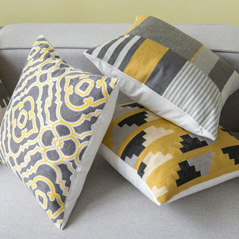 Geometric Embroidered Pillow Cover 45x45cm for Living Room by Axyaa