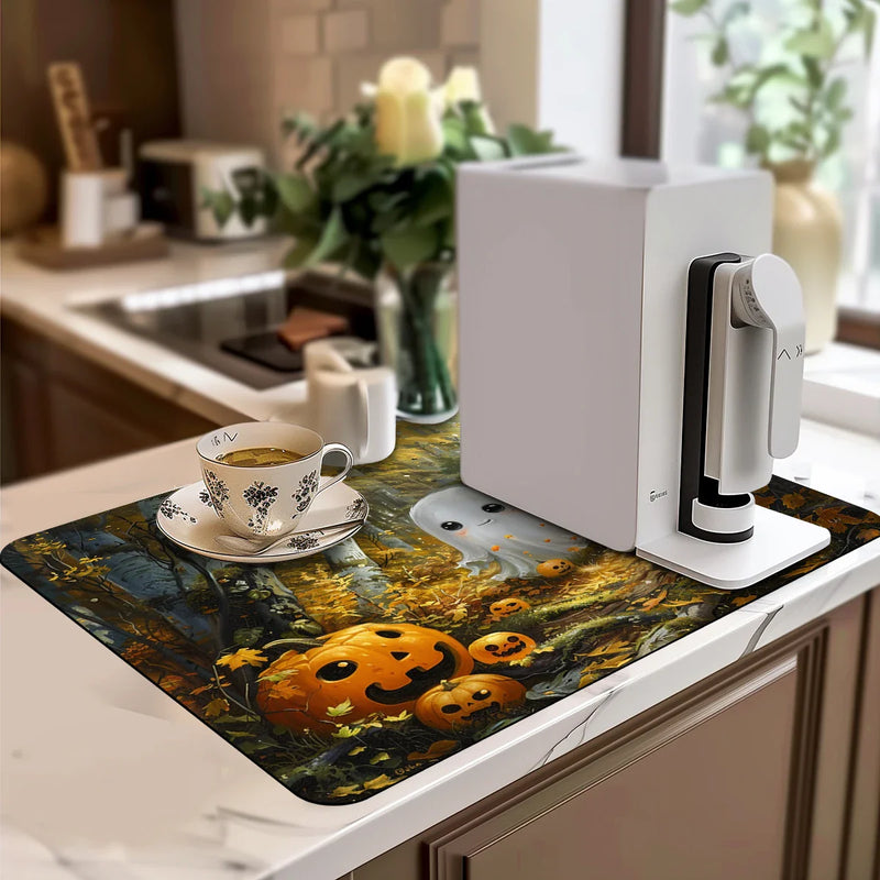 Axyaa Halloween Coffee Dish Mat: Absorbent & Anti-Slip Kitchen Draining Pad