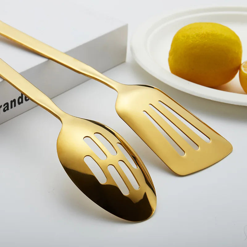 Axyaa Stainless Steel Serving Cutlery Set - Large Spoon, Fork, Shovel, Salad Stirrer