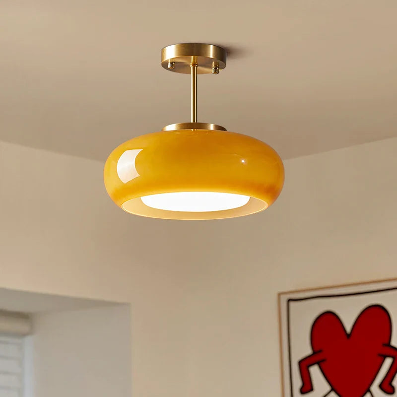 Axyaa Nordic Modern LED Ceiling Lamp with Copper Yellow Glass Lampshade