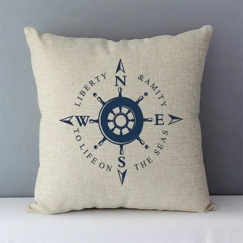 Navy Blue Mediterranean Print Linen Cushion Cover by Axyaa - 45x45cm