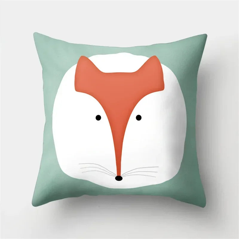 Fox and Bird Polyester Pillowcase by Axyaa: Cartoon Landscape Cushion Cover for Sofa