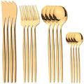 Axyaa 16-Piece Stainless Steel Black Gold Cutlery Set Silverware Dinnerware Flatware