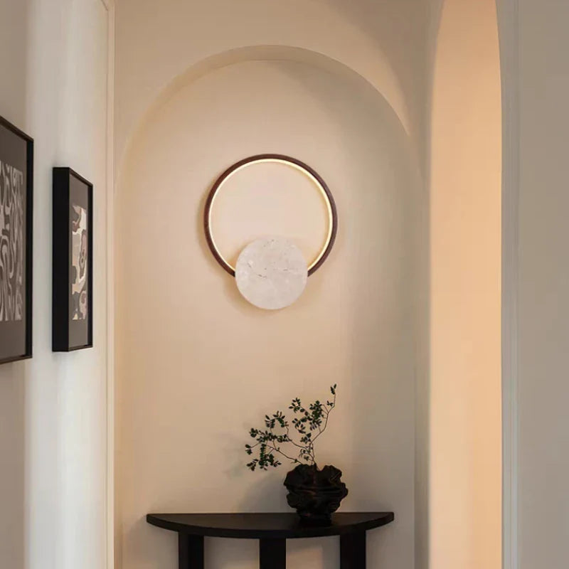 Axyaa Round Stone LED Wall Light Dark Wood Dimmable Indoor Sconce