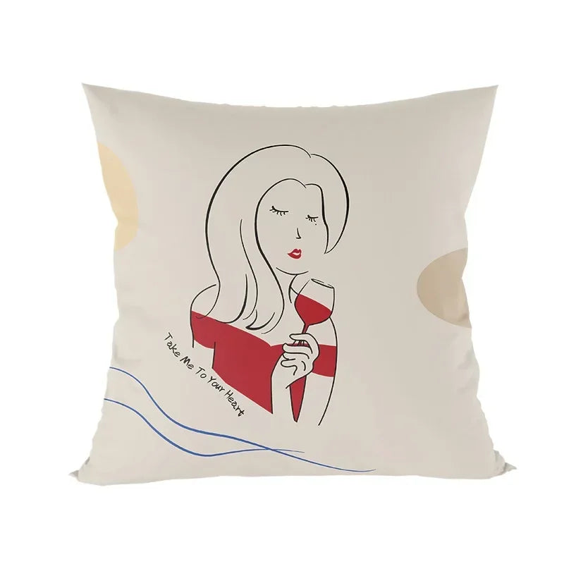 Abstract Line Drawing Girls Print Cushion Cover 45x45cm by Axyaa