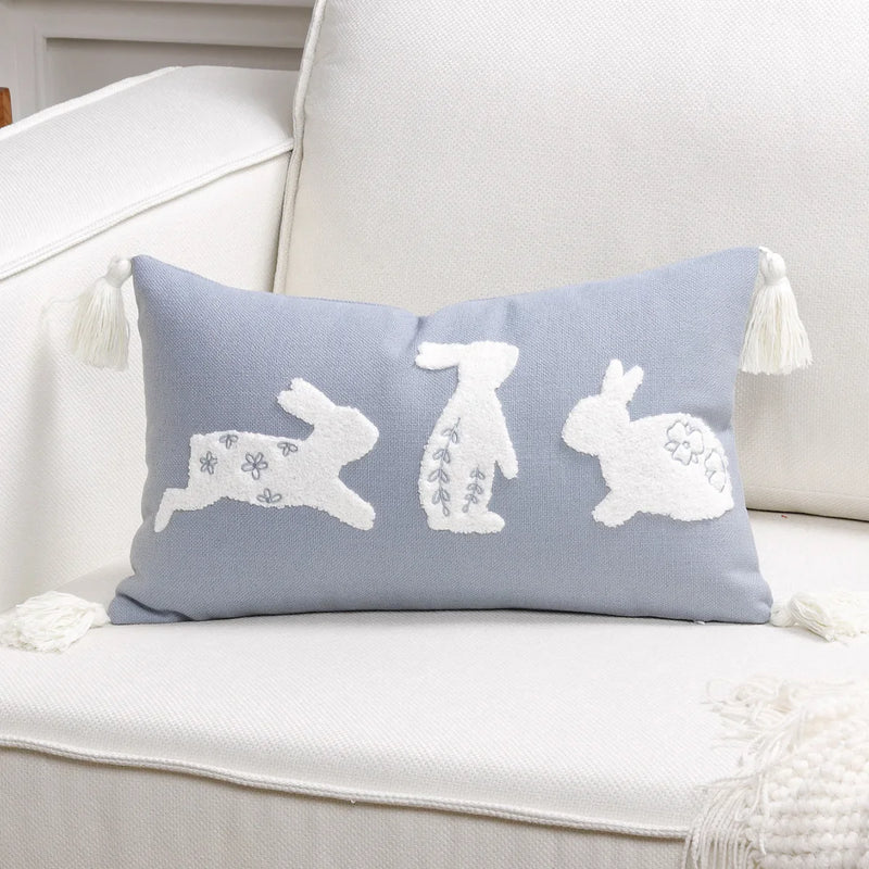 Axyaa Bunny Rabbit Floral Embroidery Pillow Cover, Soft Canvas Texture, Easter Home Decor
