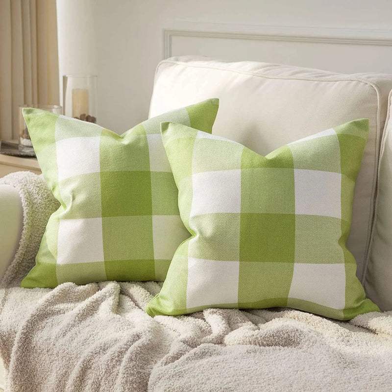 Axyaa Buffalo Plaid Check Throw Pillow Covers in Blue White Orange Ivory.