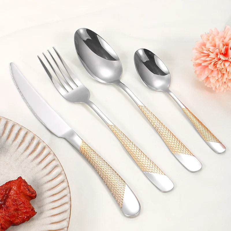 Axyaa Stainless Steel Tableware Set: Steak Knife, Fork, Dessert Spoon - 24pcs