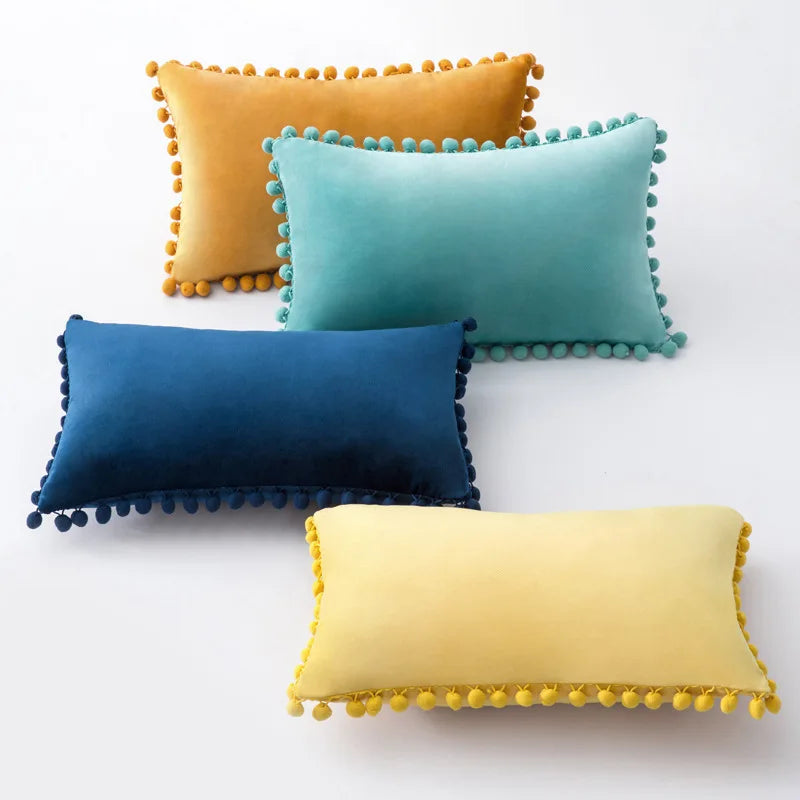 Axyaa Velvet Cushion Cover with Tassels Fringe - Soft Decorative Boho Pillows