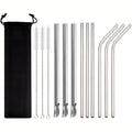 Axyaa Gold Steel Straw Spoon Set with Brush - 13Pcs