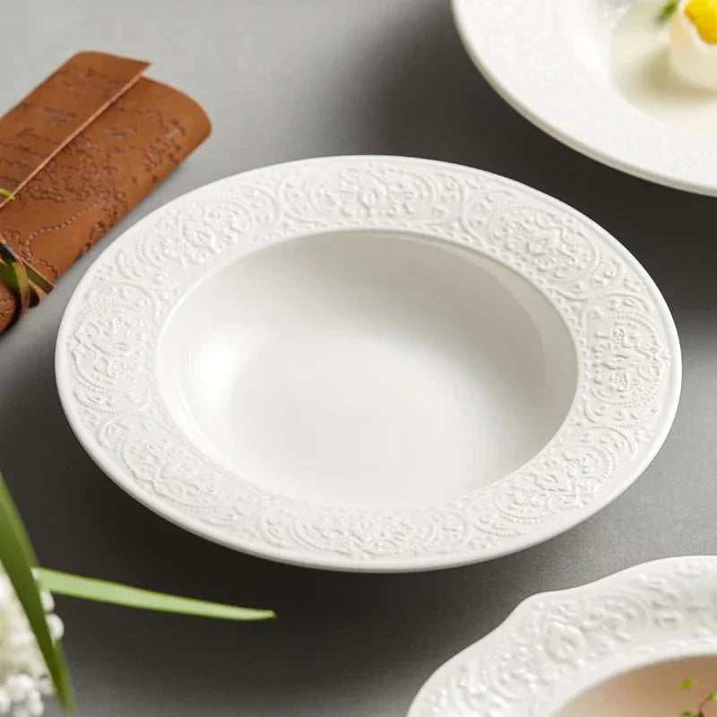 Axya White Embossed Plate Set for Elegant Dining and Desserts