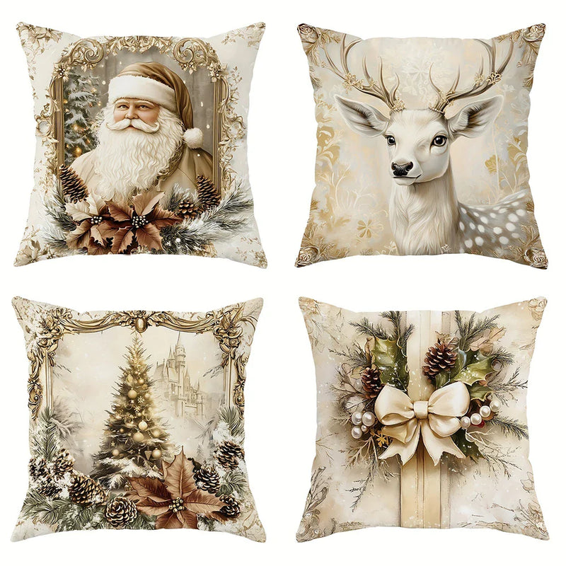 Axyaa Christmas Pillowcase Set for Home Decor - Santa Claus Reindeer Tree Design