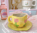 Axyaa 10oz Korean Style Ceramic Coffee Mug with Saucer Hand Painted Tea Cup Set