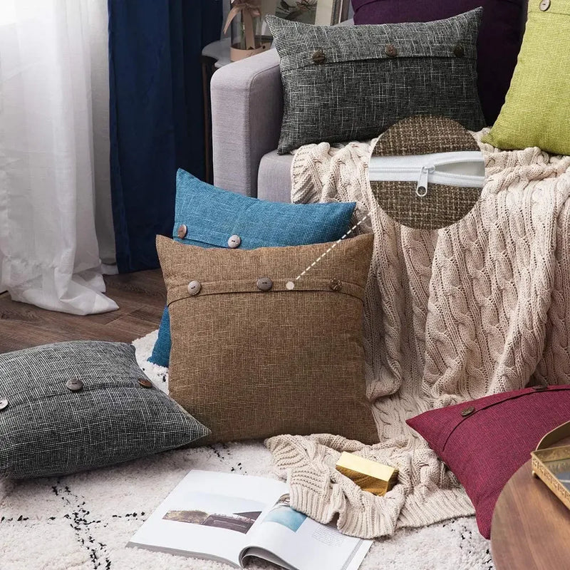 Axyaa Nordic Linen Button Pillow Cover for Living Room Sofa - 45x45cm