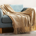 Axyaa Khaki Tassel Knit Blanket - Cozy Nordic Sofa Office Cover & Bed Throw