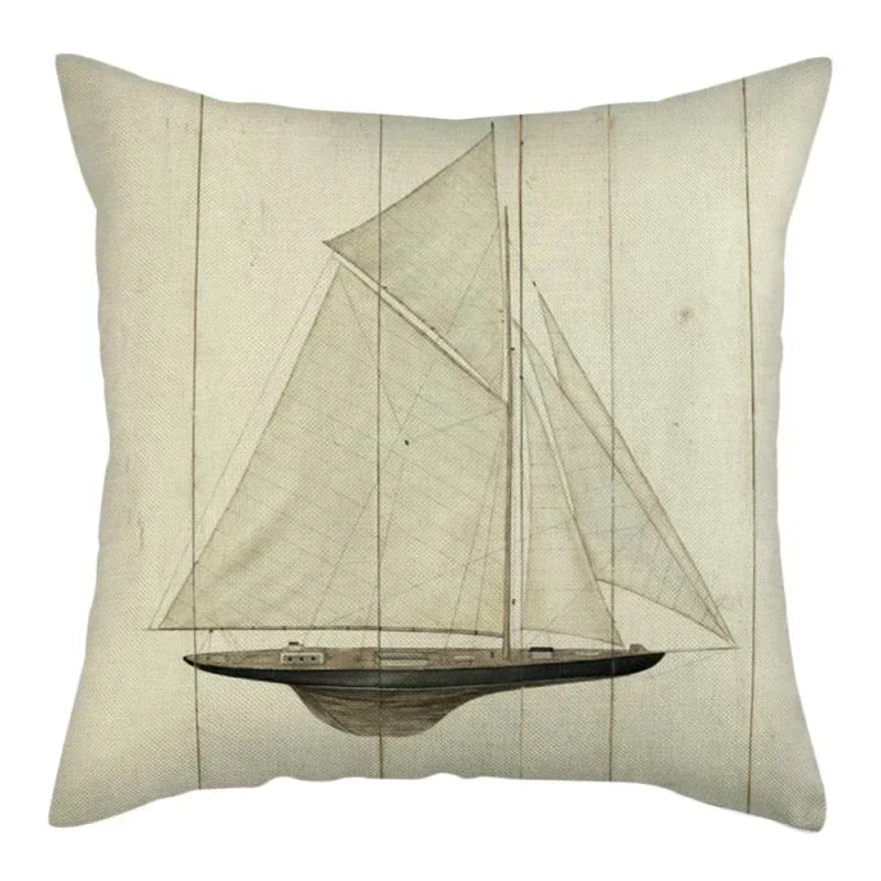 Marine Ship Print Linen Pillow Cover for Home Sofa Decor Axyaa