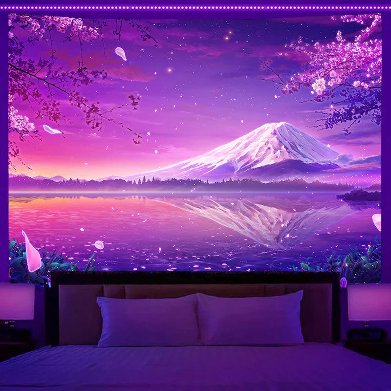 Axyaa Starry Sky Mountain Cherry Blossom Wall Hanging for Aesthetic Bedroom Decor