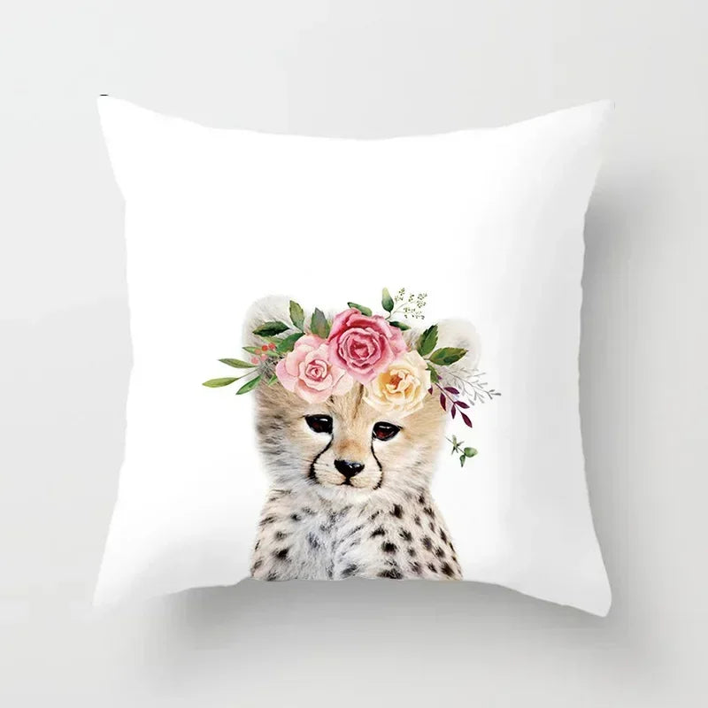 Cute Animals Print Decor Pillowcase by Axyaa - Pink Flower Theme