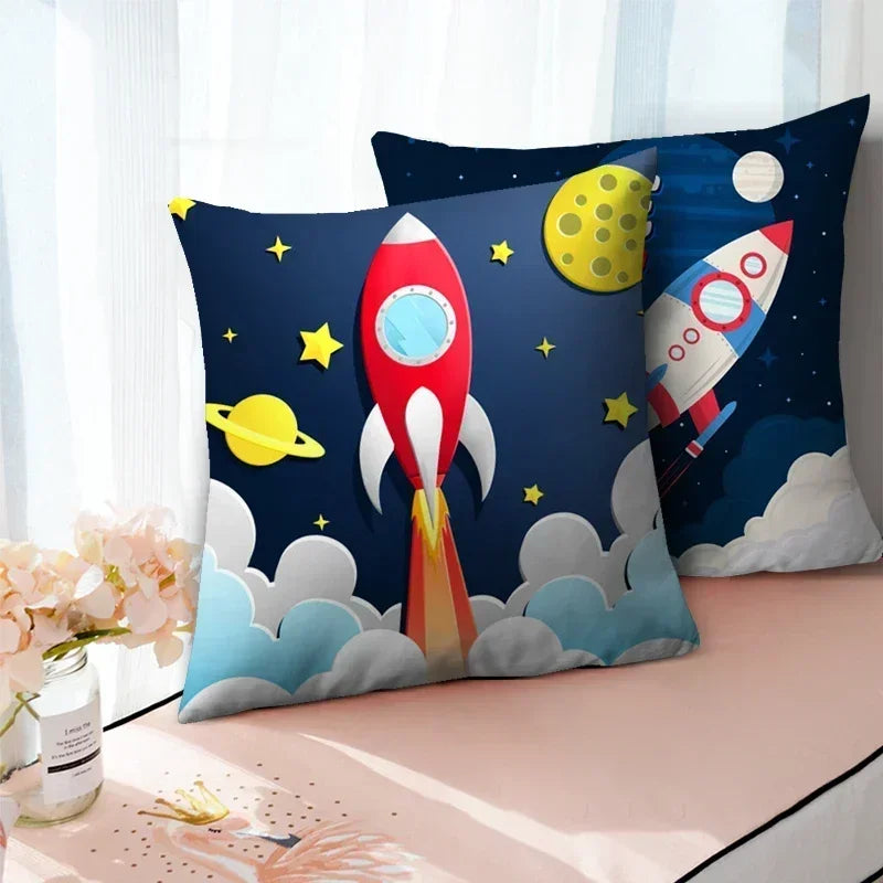 Cartoon Spacecraft Astronaut Rocket Pillowcase for Home Decor - Axyaa