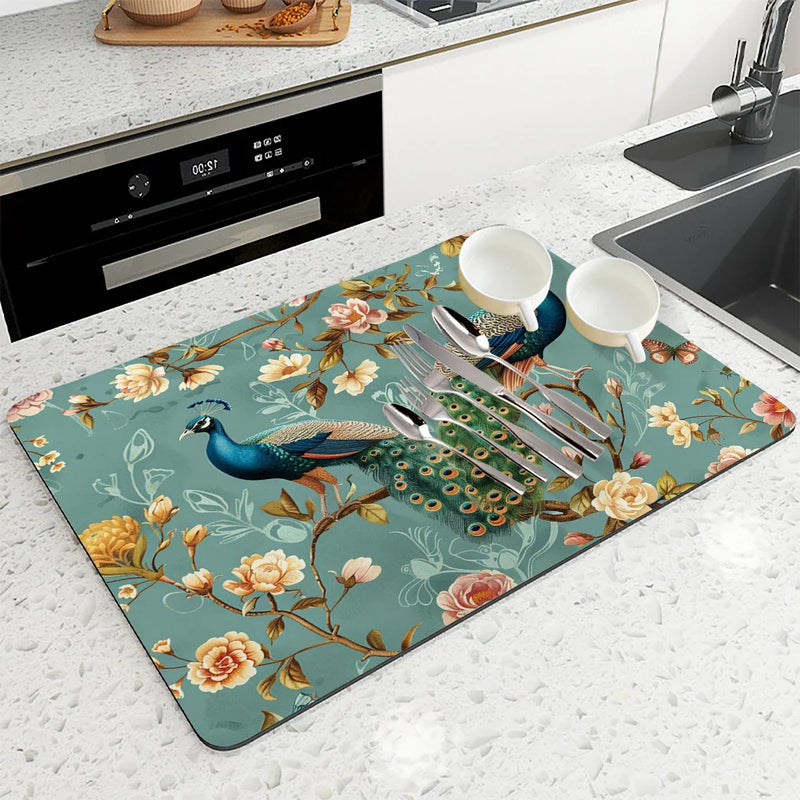 Axyaa Peacock Flower Absorbent Mat: Kitchen & Bathroom Antiskid Drying Pad