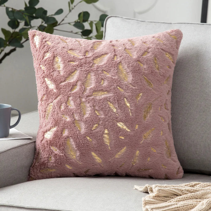 Axyaa Bronzing Golden Feather Style Plush Pillowcase for Festive Home Decor