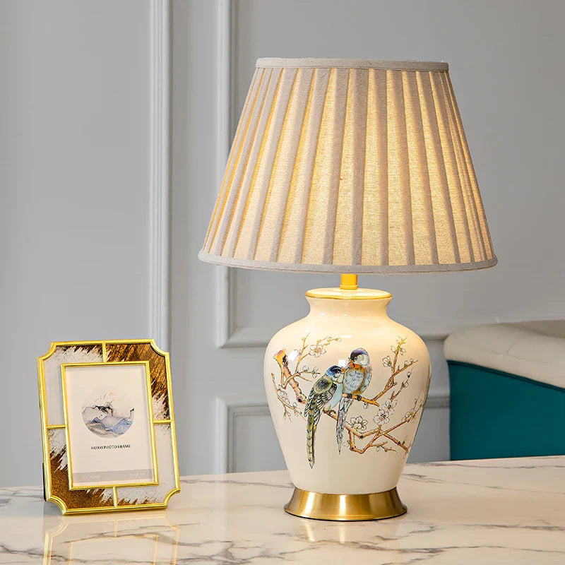 Axyaa Retro Flower Bird Ceramic Table Lamp Bedroom Living Room Study New Chinese Style