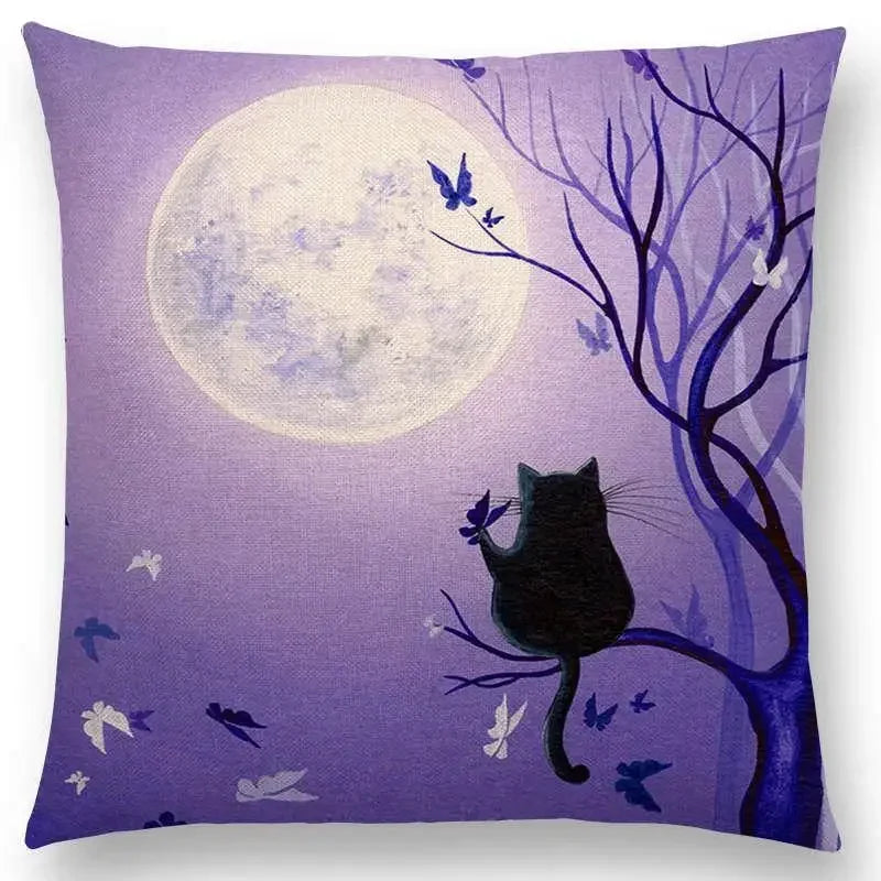 Cute Cat Moon Night Wonderland Witch Halloween Dance Pillow Cover by Axyaa