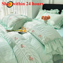 Axyaa Korean Princess Lace Ruffles Wedding Bedding Set with Washed Cotton Soft Duvet Cover