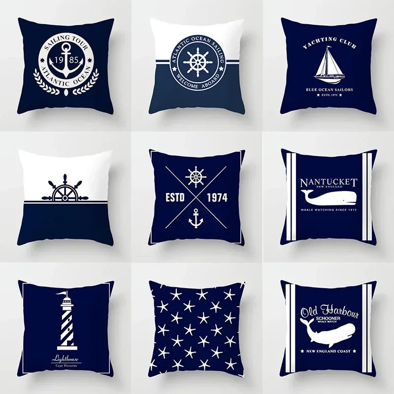Axyaa Blue Mediterranean Compass Anchor Pillow Cover 45x45cm