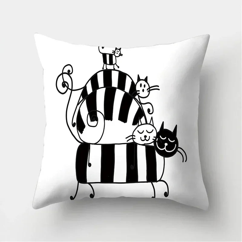 Axyaa Black & White Cat Pattern Cushion Cover for Living Room, Bedroom & Sofa
