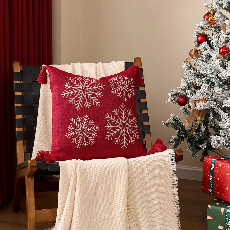 Axyaa Christmas Tree Bell Cushion Cover - Green Red Snowflakes, Pompom Balls Embroidery