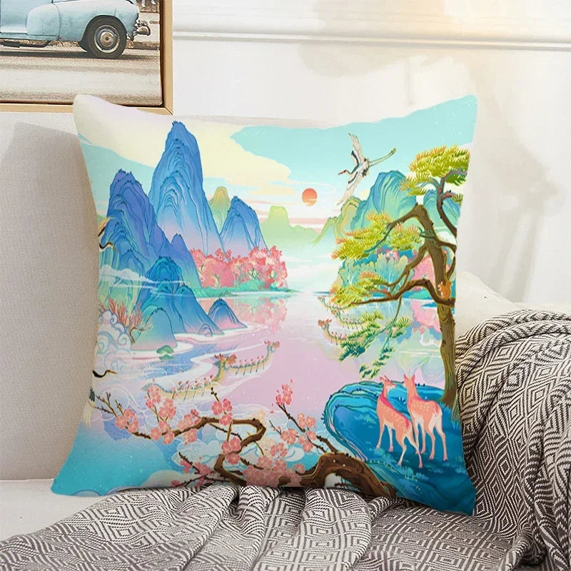 Axyaa Chinese Landscape Pillowcase 40x40 50x50 Cushions Covers Home Decor