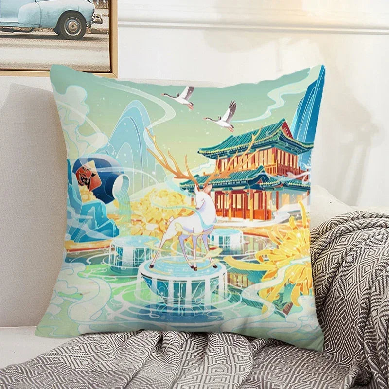Axyaa Chinese Landscape Pillowcase 40x40 50x50 Cushions Covers Home Decor