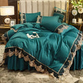 Luxury European Embroidery Four Piece Set by Axyaa - Polished Solid Color & Lace Bed Skirt