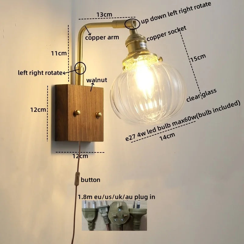 Axyaa Glass Copper LED Wall Lights Modern Bedside Lamp for Home Decor