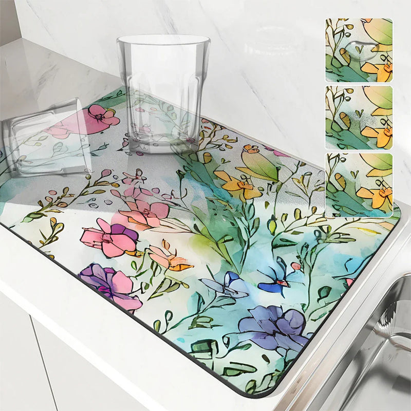 Axyaa Watercolor Plants Coffee Cup Drying Mat, Non-Slip Absorbent Kitchen Drain Mat