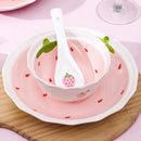 Axyaa Ceramic Dining Set: Plate, Bowl, Bowl, Mug - Pink Strawberry Theme