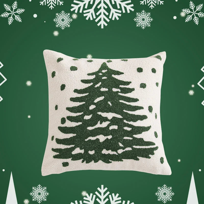 Axyaa Christmas Tree Snowflake Cushion Cover in Green and Red, Embroidered 45x45cm Square Pillowcase