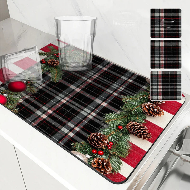 Axyaa Christmas Fir Desk Drain Pad: Non-slip Kitchen Counter Mat for Drying Dishware
