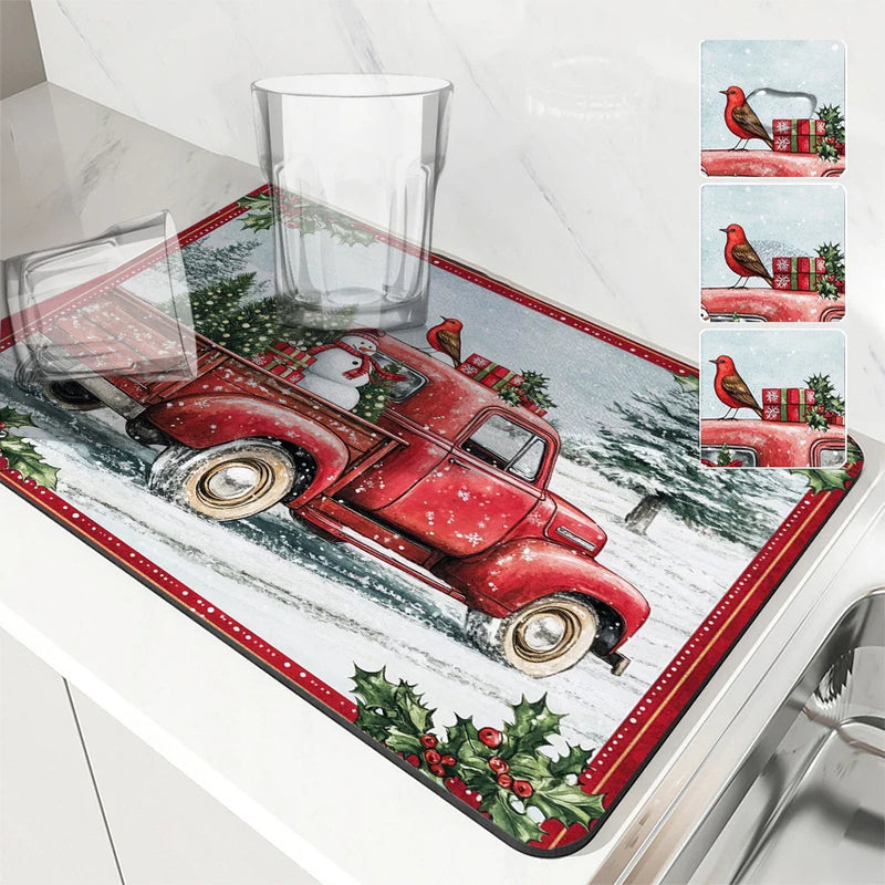 Axyaa Christmas Snow Kitchen Mat: Absorbent, Antiskid, Quick Dry, Draining, Tableware Mat