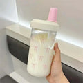 Axyaa 850ml Cute Bow Plastic Tumbler with Straw, Kawaii Design, for Cold Drinks and Boba