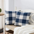 Axyaa Buffalo Plaid Check Throw Pillow Covers in Blue White Orange Ivory.