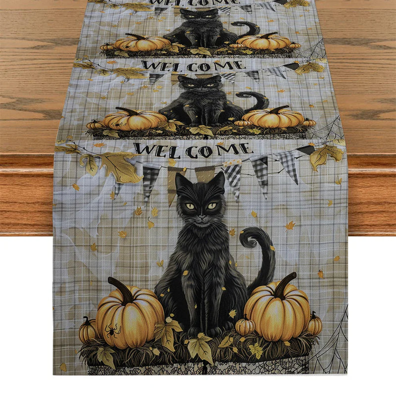 Axyaa Halloween Plaid Pumpkin Cat Spider Table Runner for Home Wedding Party Decor
