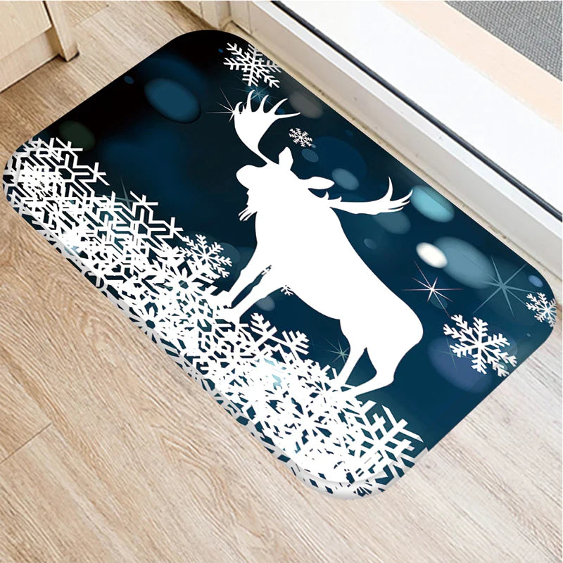 Axyaa Christmas Snow Deer Print Door Mat Non-Slip Floor Carpet - Home New Year Decoration