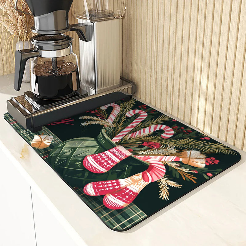 Axyaa Coffee Mat Dish Draining Mat - Christmas Gloves Design