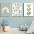 Axyaa Rainbow Heart Daisy Wall Art Canvas Print for Kids Girls Room