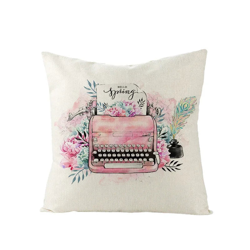 Pink Truck Flower Print Cushion Cover 45x45cm - Axyaa