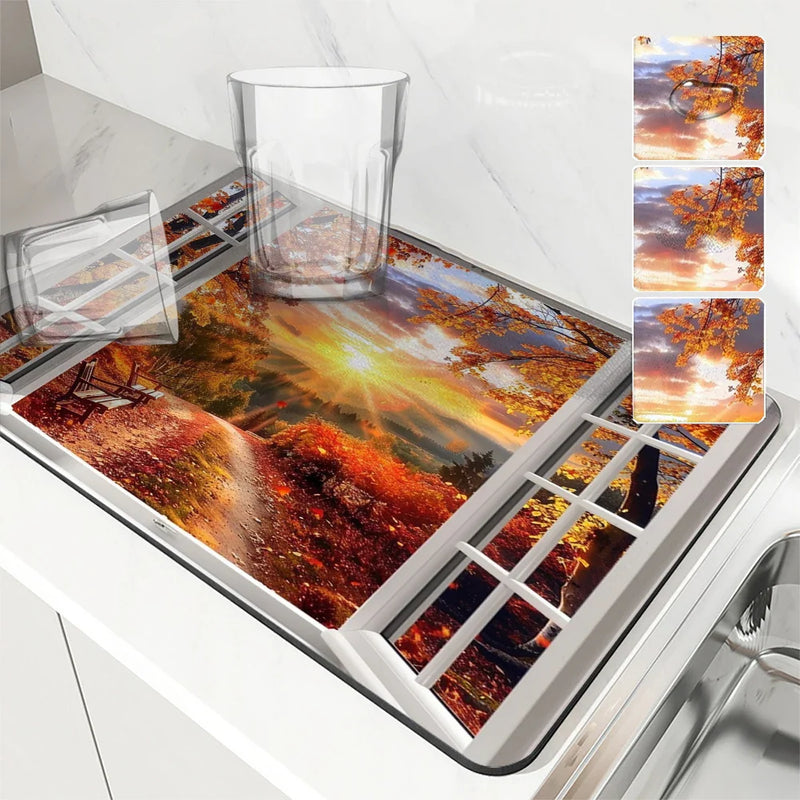 Axyaa Autumn Scenery Coffee Mat | Absorbent Rubber Backed Drying Mat