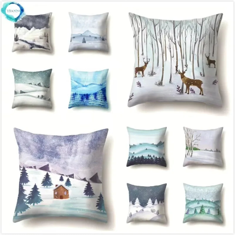 Axyaa Winter Snow Scene Print Pillow Cover 45X45CM